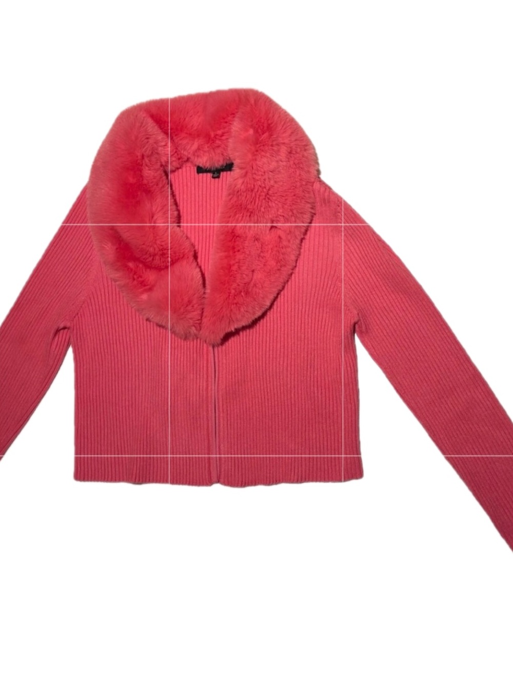 Love Tree Faux Fur Trim Ribbed Cardigan Sweater Coral Pink L